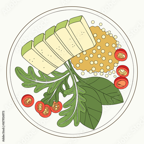 Healthy quinoa bowl with sliced avocado cherry tomatoes and fresh arugula greens