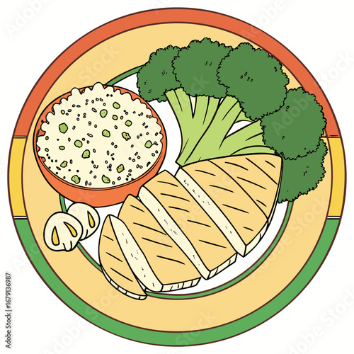 Healthy grilled chicken breast with rice and broccoli served on a colorful plate