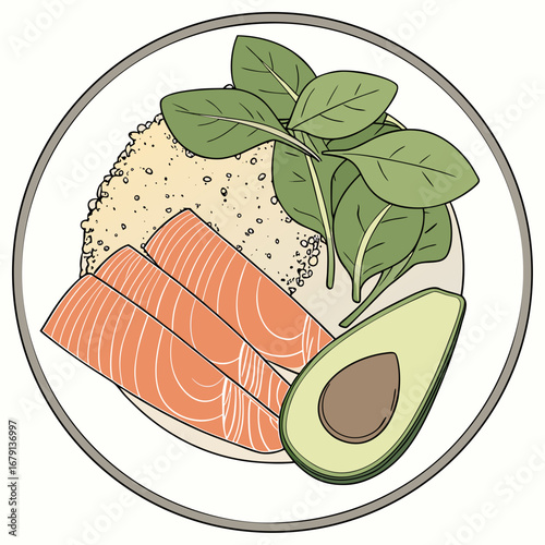 Healthy salmon avocado and spinach quinoa bowl illustration for a balanced diet meal