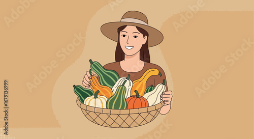 Woman Holding Basket of Gourds Smiling, Autumnal Harvest Illustration Design