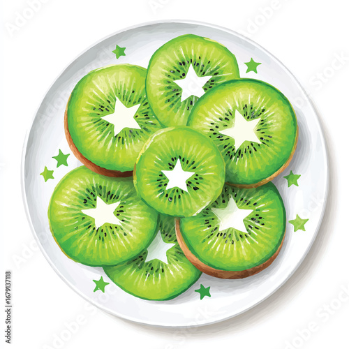 Artistic Kiwi Slices with StarShaped Centers on a StarDecorated Plate