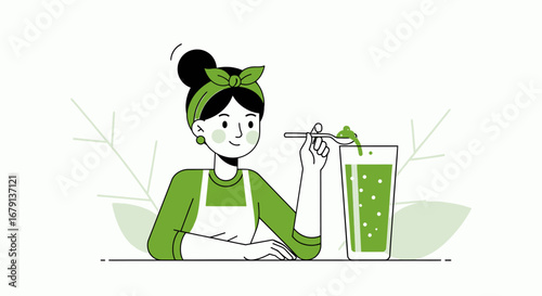 Woman Preparing Healthy Green Drink in a Modern and Minimalist Illustration