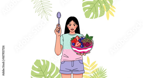 Woman Holding Bowl Of Fruit And Spoon With Botanical Adornments Illustrative Art