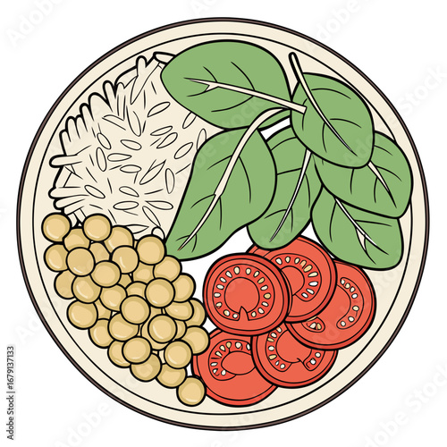 Healthy vegetarian buddha bowl with rice chickpeas spinach and sliced tomatoes overhead view