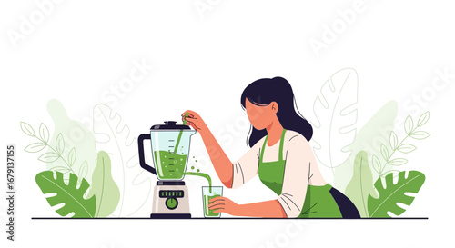 Woman Preparing Healthy Green Smoothie In Blender For A Refreshing Beverage