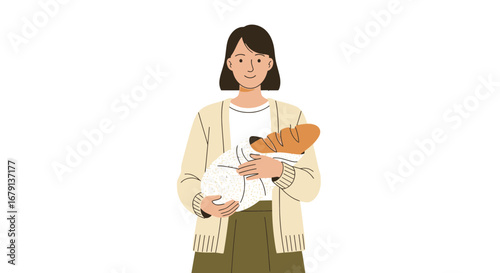 Woman Holding Bread And Groceries in Light Outfit on White Background