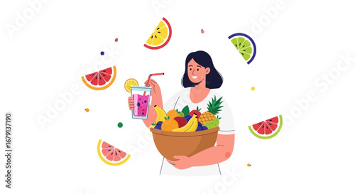 Woman Holding Bowl With Fruits and Smoothie, Promoting Healthy Lifestyle Illustration