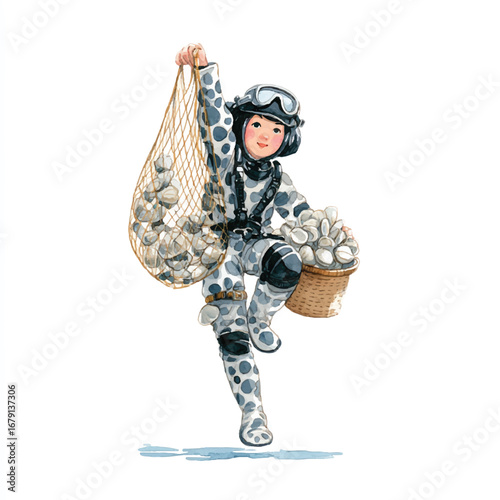 Cheerful Diver Holding Net and Basket Filled with Collected Clams