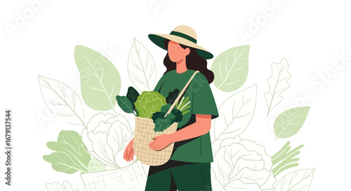 Woman Holding Eco Bag Filled With Fresh Vegetables And Floral Background