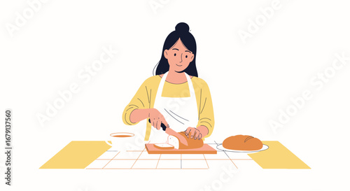 Woman Preparing Meal Slicing Fresh Bread on Table at Her Home Kitchen Illustration
