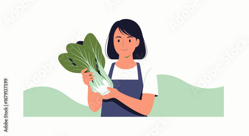 Woman Holding Fresh Bok Choy Depicted in a Bright, Modern, and Healthy Illustration