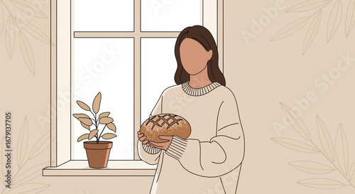 Woman Holding Fresh Loaf Of Bread With Plant Symbolises Home and Nourishment