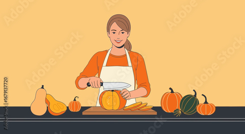 Woman Preparing Pumpkin for Culinary Usage with Autumn Seasonal Produce and Ingredients