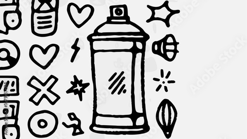 Doodle style illustration featuring a spray paint can surrounded by various abstract shapes and symbols