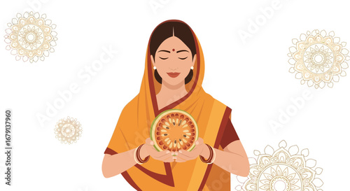 Woman Holding Fruit, Indian Culture, Celebration, And Traditional Artistic Illustration