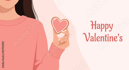 Woman Holding Heart-Shaped Cookie For Valentine's Day Celebration Illustration