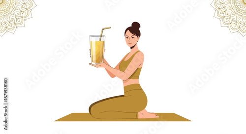 Woman Holding Juice, Wellness and Healthy Living, Illustrated with Mandala Decoration