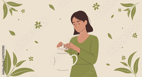 Woman Preparing Tea In A Calm And Peaceful Setting Surrounded By Natural Elements