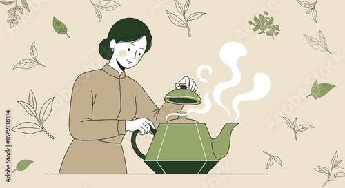 Woman Preparing Tea in a Green Teapot with Foliage Illustration, Clean Design Style Aesthetic