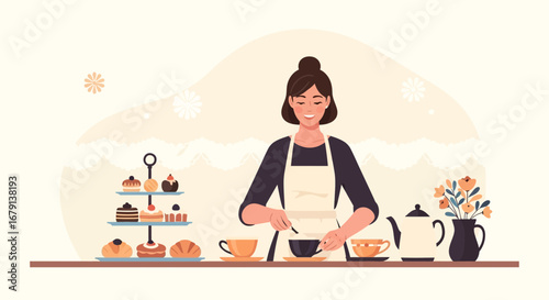 Woman Preparing Tea With Pastries And Teaware In A Cozy Setting
