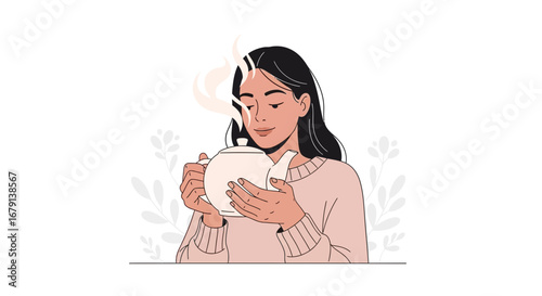Woman Holding Teapot Relaxes, Drinking Tea, Beautiful Lifestyle Illustration Vector Art