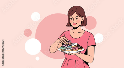 Woman Presenting Assortment Of Glazed Donuts Smiling With Bubble Background Delightful Treats