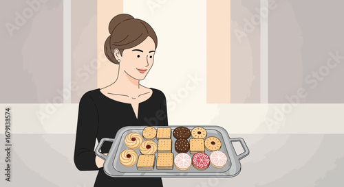 Woman Presenting Assortment Of Biscuits On A Tray Suggests Hospitality and Deliciousness