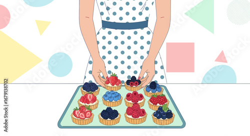 Woman Presenting Berry Tartlets, A Colorful Culinary Creation, Dessert Display on a Tray