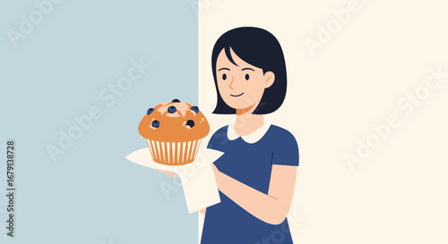 Woman Presenting Delicious Blueberry Muffin on a Plate in Graphic Illustration Style