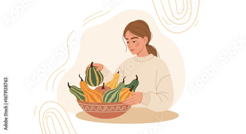 Woman Holds Bowl Of Gourmet Gourds, A Harvest Scene With Fall Colors and Soft Light