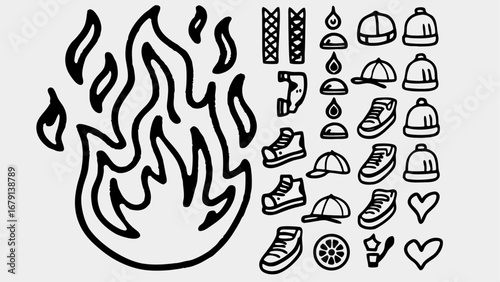 Illustration of a flame with various doodle style icons including caps shoes and other miscellaneous objects