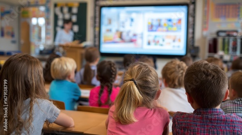 Vibrant Gathering of Children Engrossed in an Educational Presentation, Ideal for Learning and Education Projects, Evoking a Sense of Focus and Excitement.