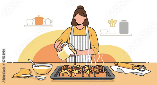 Woman Icing Freshly Baked Cinnamon Rolls in a Kitchen, Delicious Dessert Concept