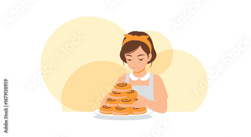 Woman Presenting Freshly Baked Cinnamon Rolls, Ready To Serve on a Bright Background