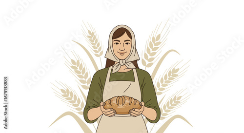 Woman Presenting Freshly Baked Loaf of Bread with Wheat Stalks Illustration