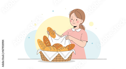 Woman Presenting Freshly Baked Sourdough Bread Inside A Wicker Basket Illustration