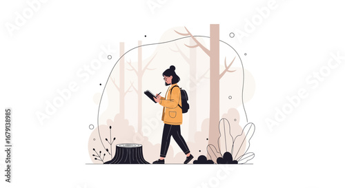 Woman Immersed In Nature, Sketching Observations, Forest, Hike, Peace And Tranquility