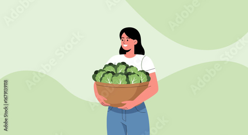 Woman Presenting Rich Harvest Of Fresh, Green, Healthy, Leafy Vegetables, In A Bowl