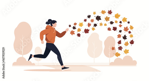 Woman In Autumnal Attire Runs Among Animated Leaves With Minimalist Design