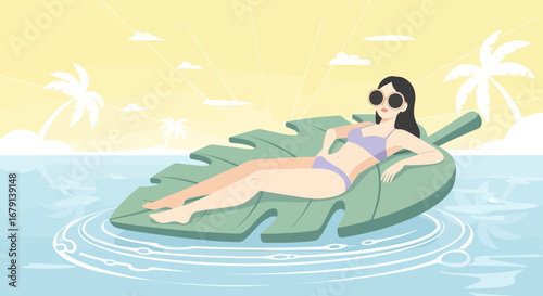 Woman in bikini relaxing on a leaf shaped float in the tropical sea on a sunny day