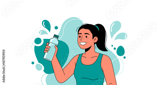 Woman In Fitness Outfit Holds Water Bottle Promoting Hydration and Freshness