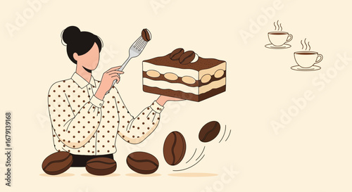 Woman Presenting Tiramisu And Coffee, Depicting The Perfect Combination Of Flavor