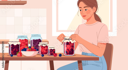 Woman Preserving Fresh Berries in Jars for Delicious Homemade Jams and Confections