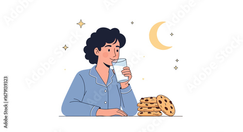Woman In Pajamas Enjoying Milk And Cookies Under The Moon Night Sky Illustration