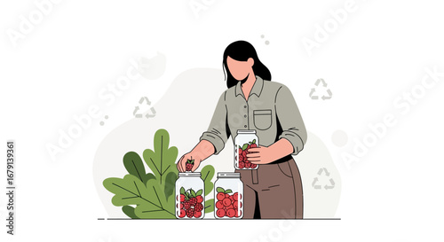 Woman Preserving Fruit in Jars for Homemade Food, Eco-Friendly Actions Illustrated