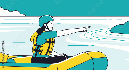 Woman in Raft Pointing Ahead Illustration, Concept of Adventure and Outdoor Activities
