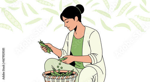 Woman Processing Fresh Peas Depicting Daily Routine And Preparing Lunch In A Warm Setting