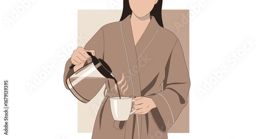 Woman In Robe Pouring Coffee Minimalistic Illustration Graphic Design Art