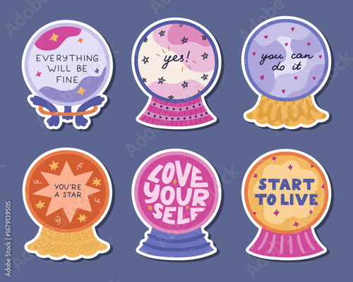 Lovely cartoon sticker set with magical crystal ball with positive forecast for planners, notebooks. Ready for print list of cute stickers of glass ball of fortune teller with motivational lettering.