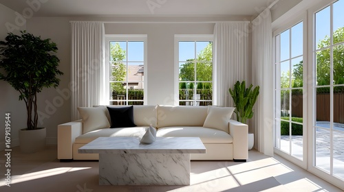 Spacious and elegantly designed living room with large white sofa, and minimalist decor elements creating a serene and inviting atmosphere.